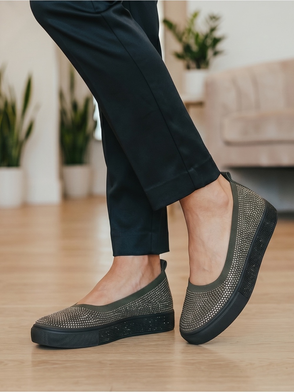 Bernie Mev Mika Sparkle Stretch Knit Vegan Slip-On Flats in Black Gray Silver